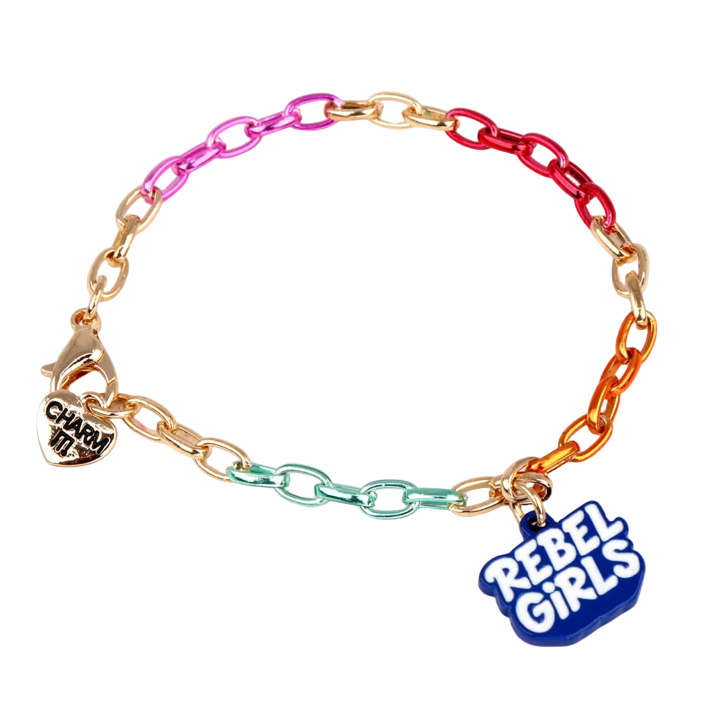 multi-colored, colorful bracelet with rebel girls charm