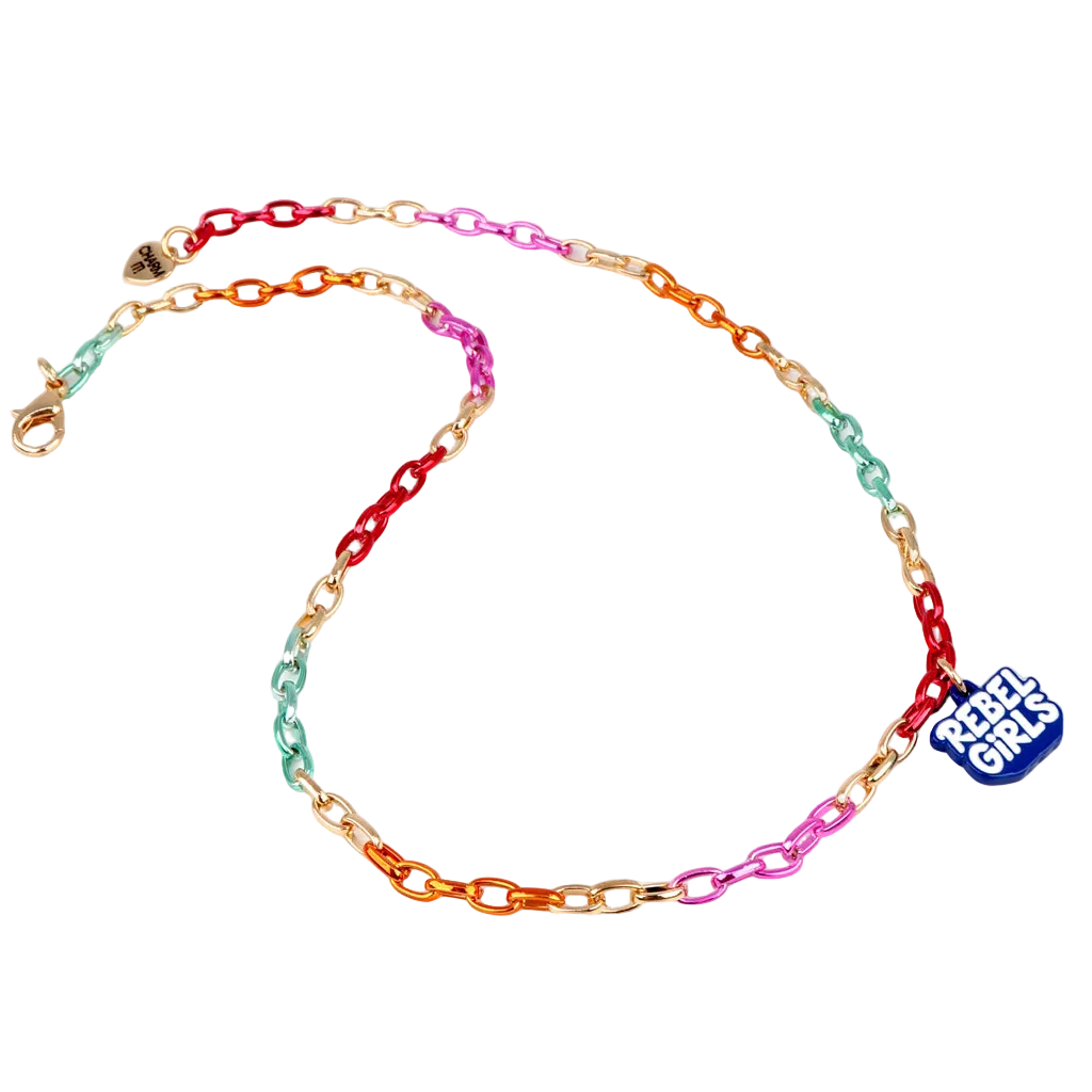 multi-colored, colorful necklace with rebel girls charm