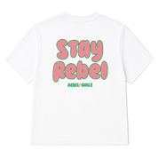 White t-shirt with "Stay Rebel" text on back in pink and green