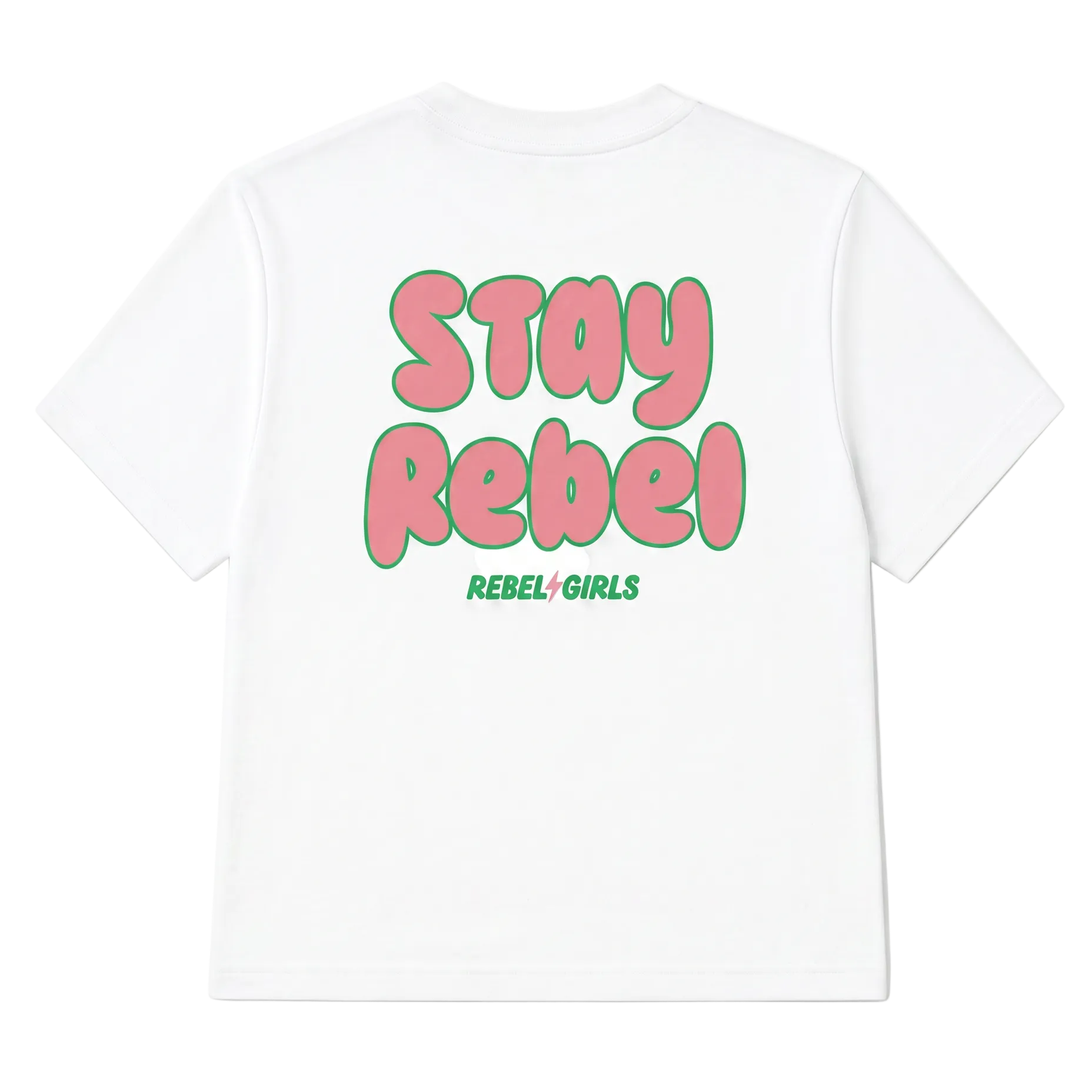 White t-shirt with "Stay Rebel" text on back in pink and green