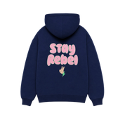 Navy blue hoodie with "Stay Rebel" text in pink on back