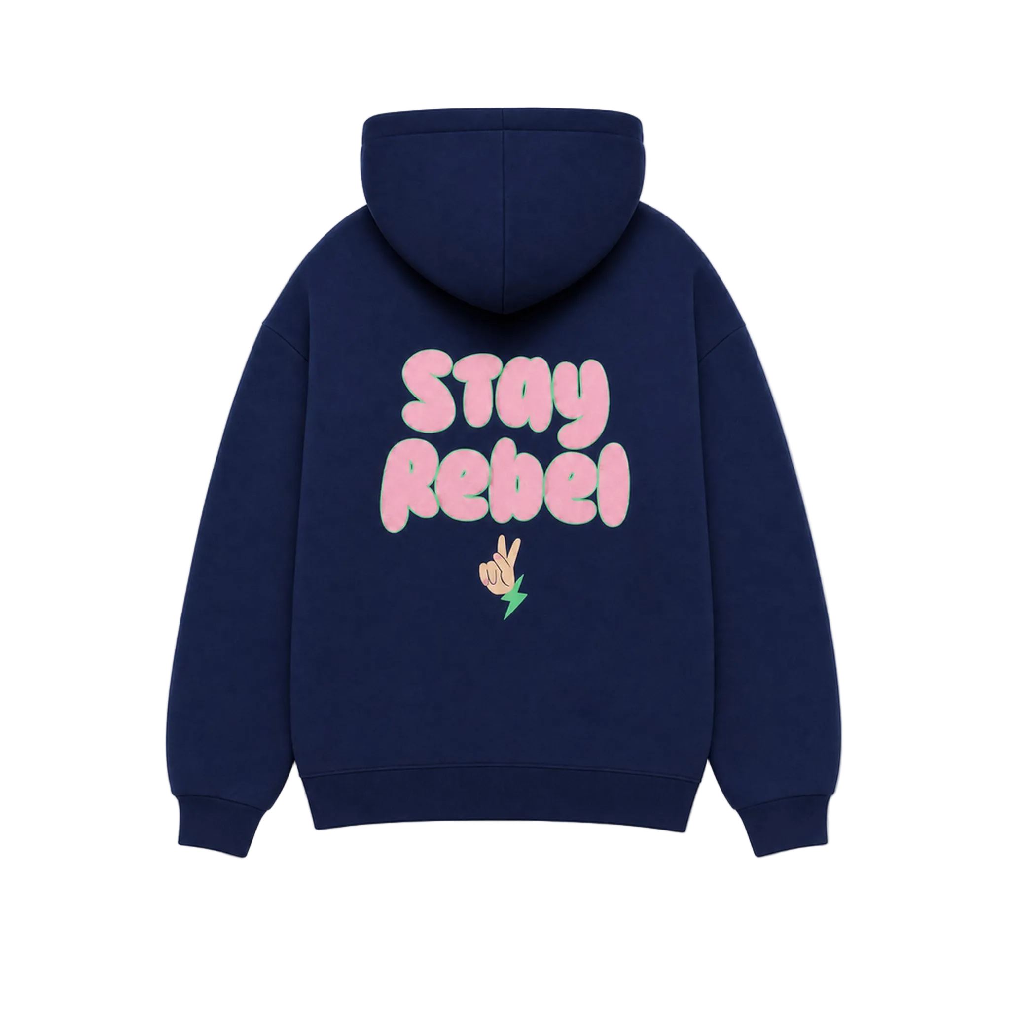 Navy blue hoodie with "Stay Rebel" text in pink on back