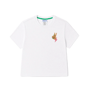 White t-shirt with peace sign on front in green and pink accents