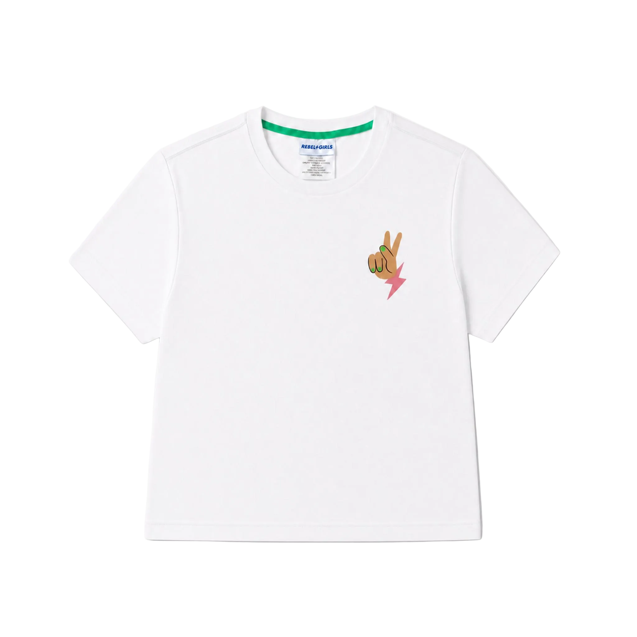 White t-shirt with peace sign on front in green and pink accents