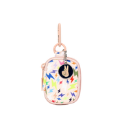 Multi-colored clip on bag with lightning bolt design and peace charm