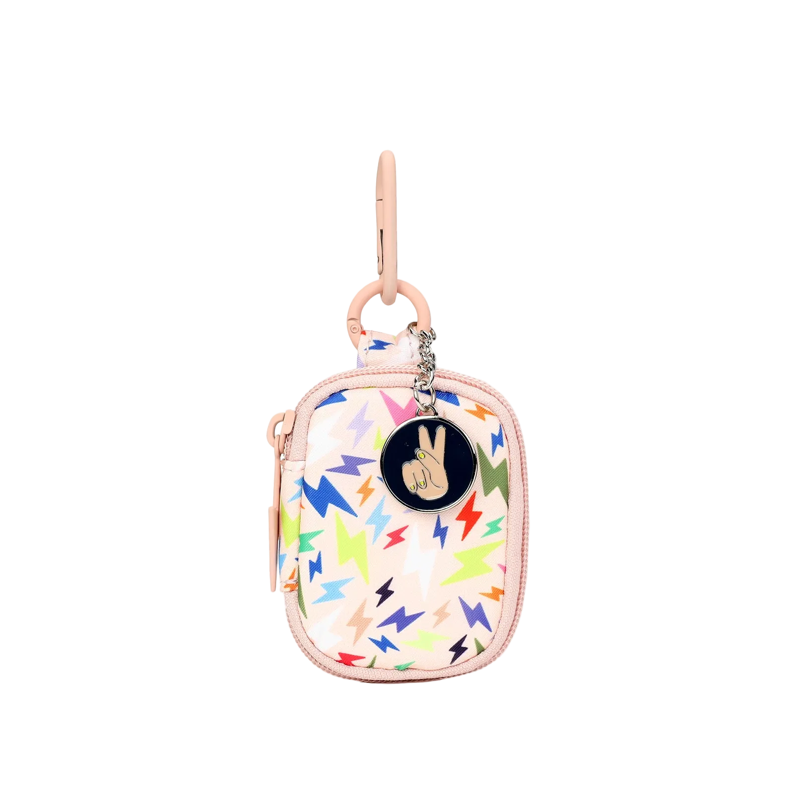Multi-colored clip on bag with lightning bolt design and peace charm