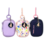 Mini bag charms with zippers and peace signs in 3 colors: lavender, pink and navy blue