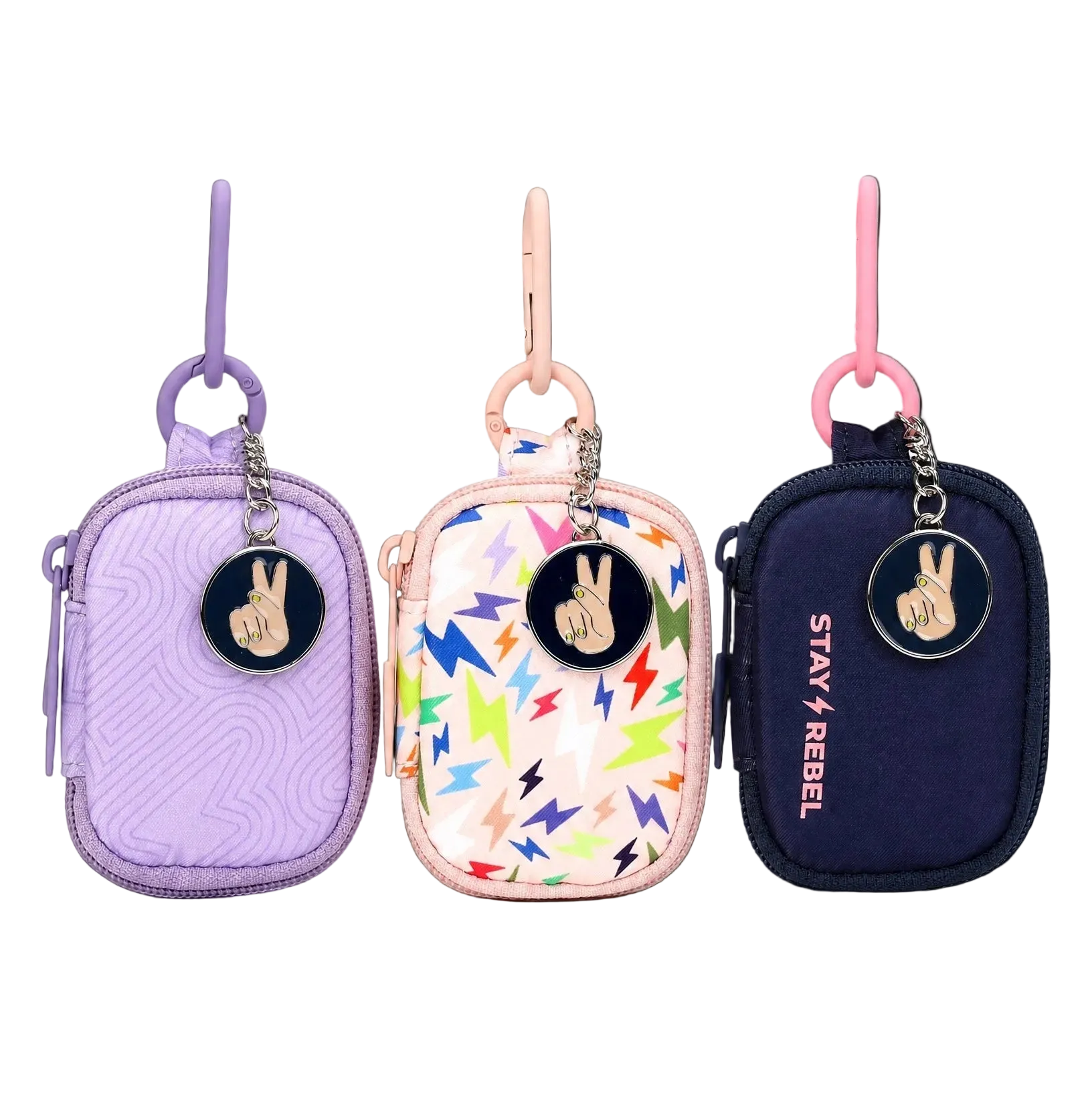 Mini bag charms with zippers and peace signs in 3 colors: lavender, pink and navy blue