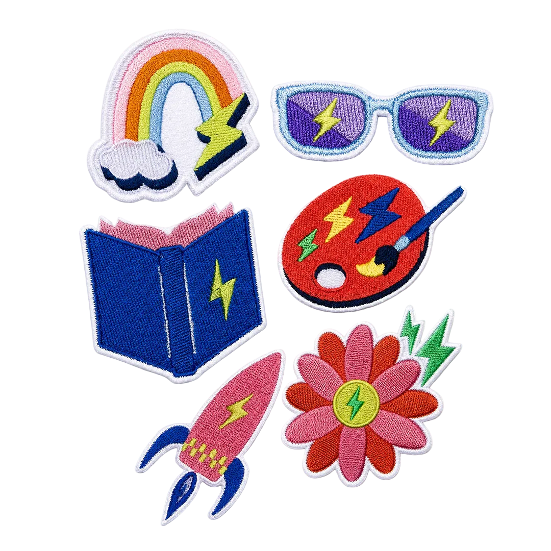 Colorful patches - Book, Paint Palette, Sunglasses, Rainbow, Flower, Rocket Ship 