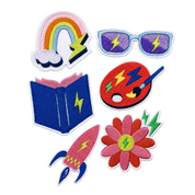 Colorful patches - Book, Paint Palette, Sunglasses, Rainbow, Flower, Rocket Ship 