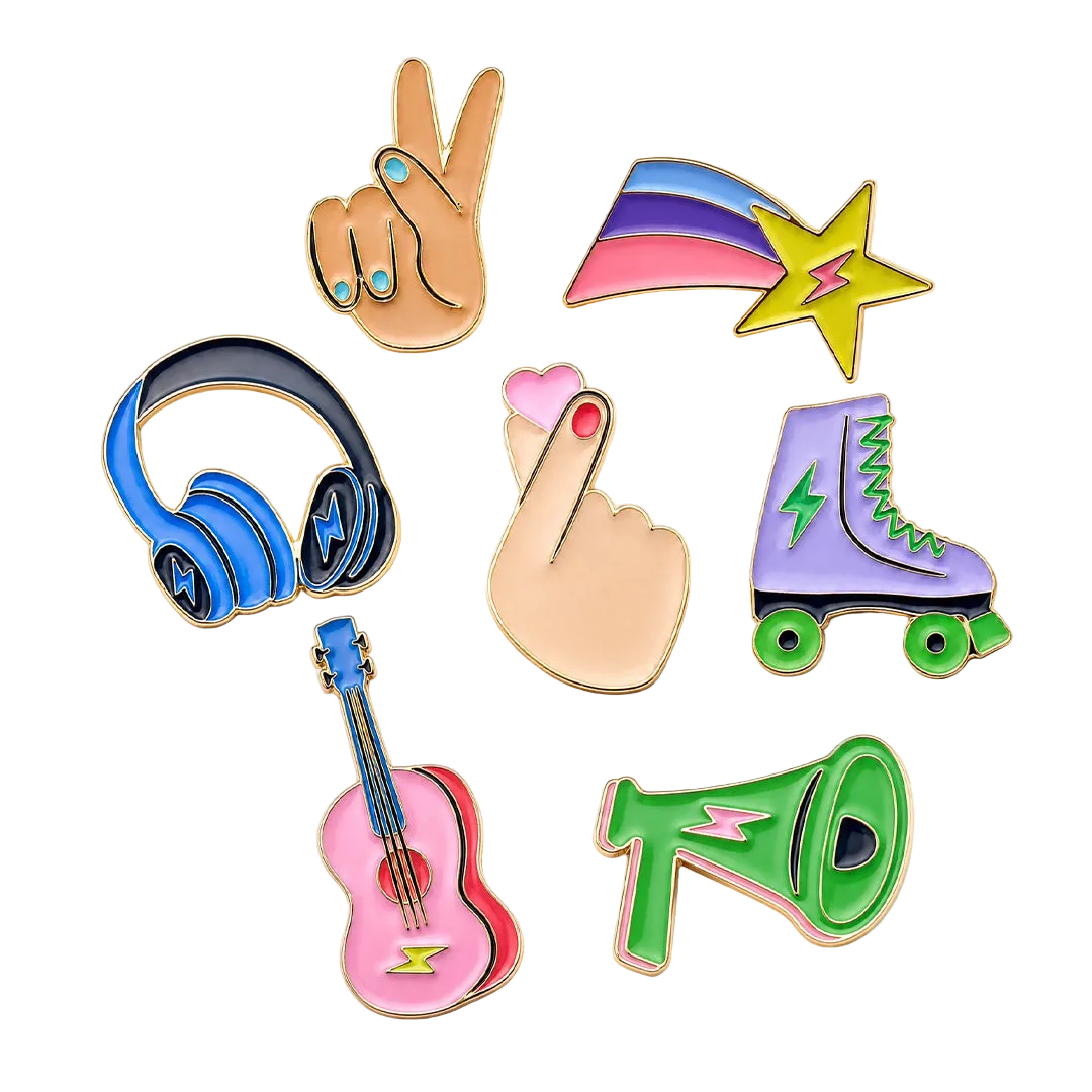 Colorful Stay Rebel Pins - headphones, peace sign, shooting star, heart, rollerblade, guitar, and megaphone