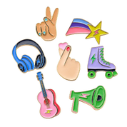 Colorful Stay Rebel Pins - headphones, peace sign, shooting star, heart, rollerblade, guitar, and megaphone