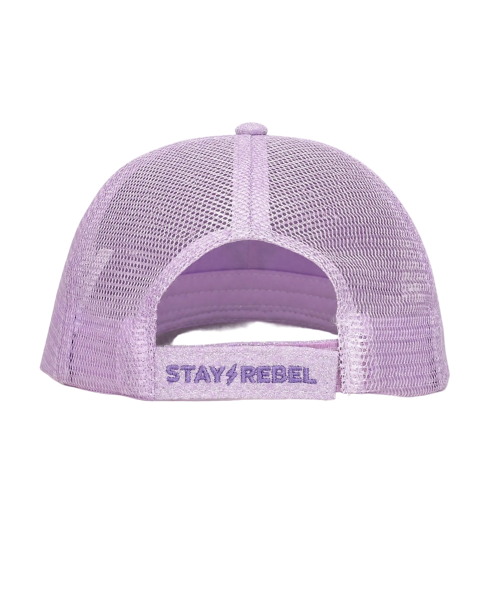 Purple hat with lighting bolt symbol and mesh back.