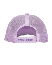 Purple hat with lighting bolt symbol and mesh back.
