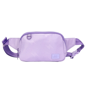 Purple belt bag with zipper and "stay rebel" text on strap