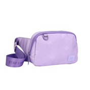 Purple belt bag with zipper and "stay rebel" text on strap belt bag zipper