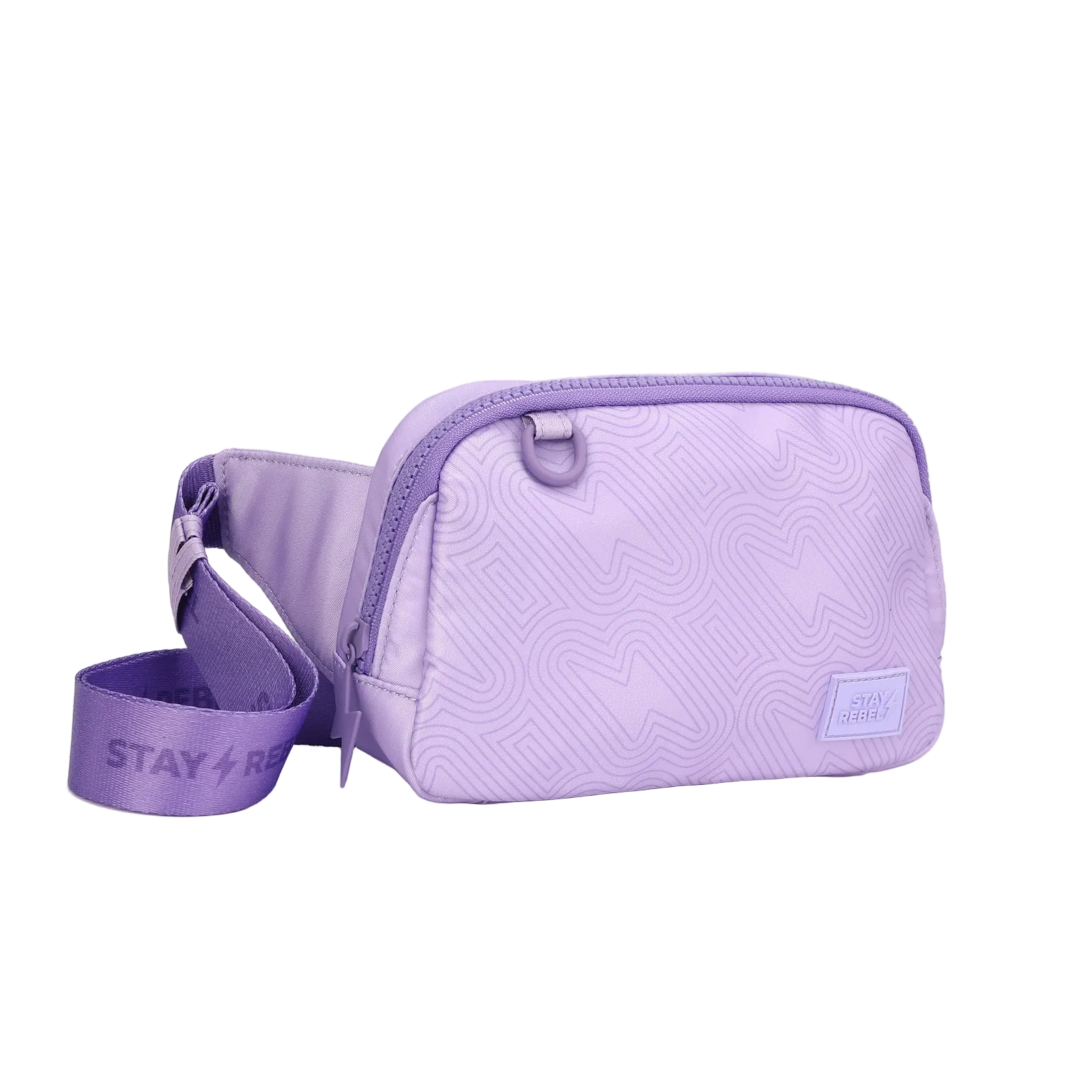 Purple belt bag with zipper and "stay rebel" text on strap belt bag zipper