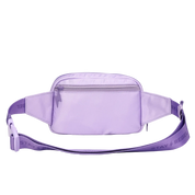  Purple belt bag with zipper and "stay rebel" text on strap