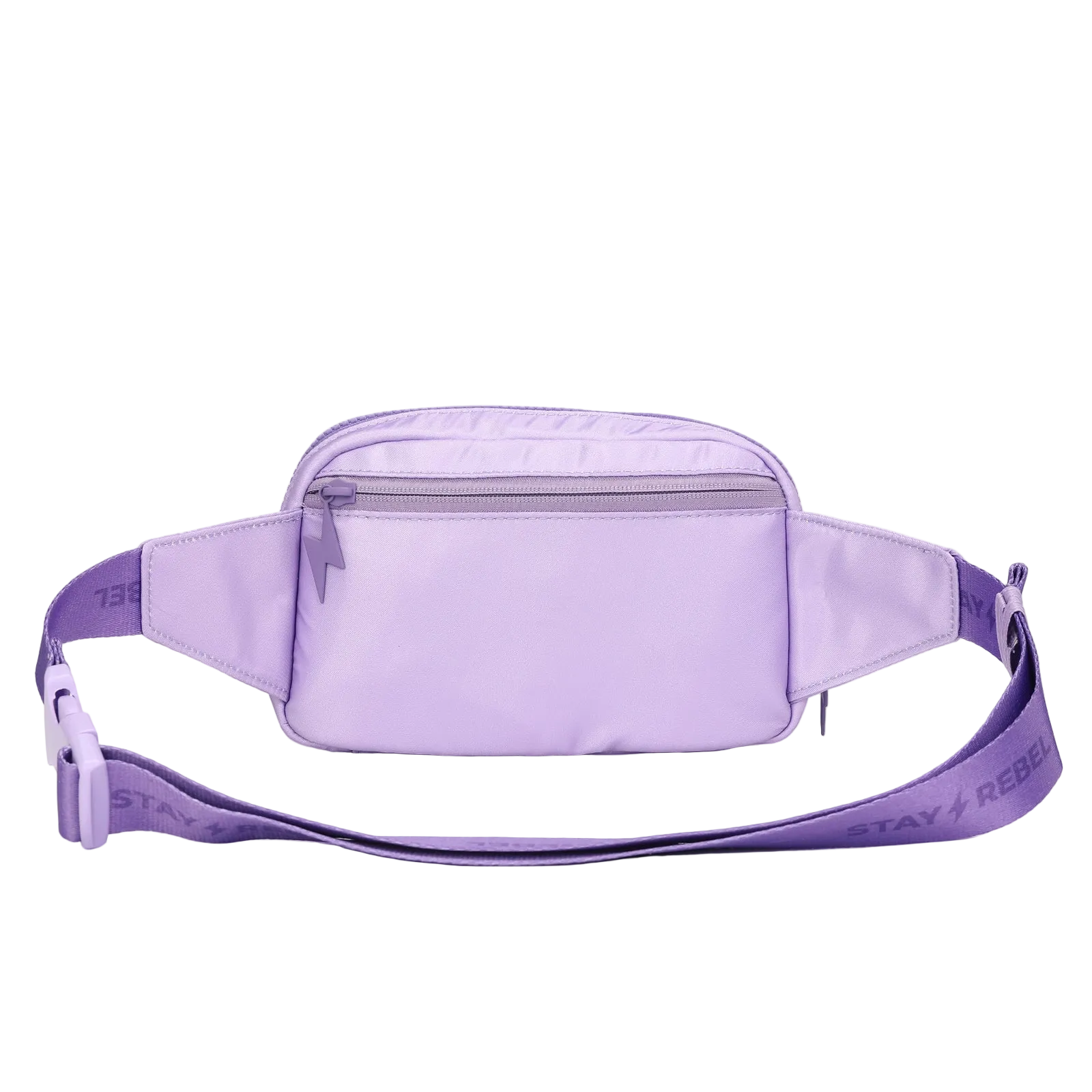  Purple belt bag with zipper and "stay rebel" text on strap