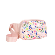 Pink belt bag with zipper and colorful lightning bolt pattern
