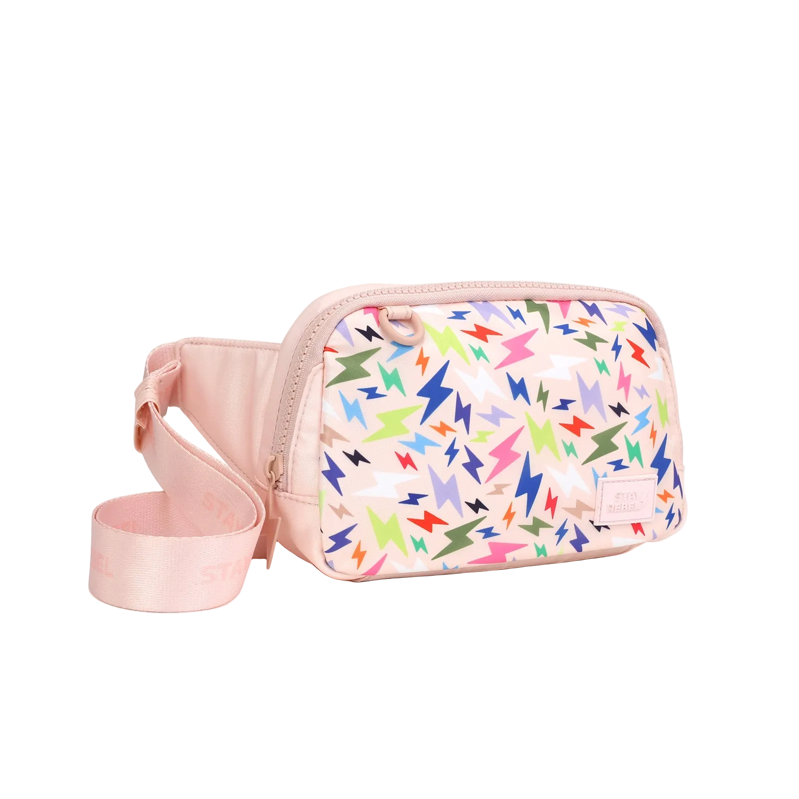 Pink belt bag with zipper and colorful lightning bolt pattern