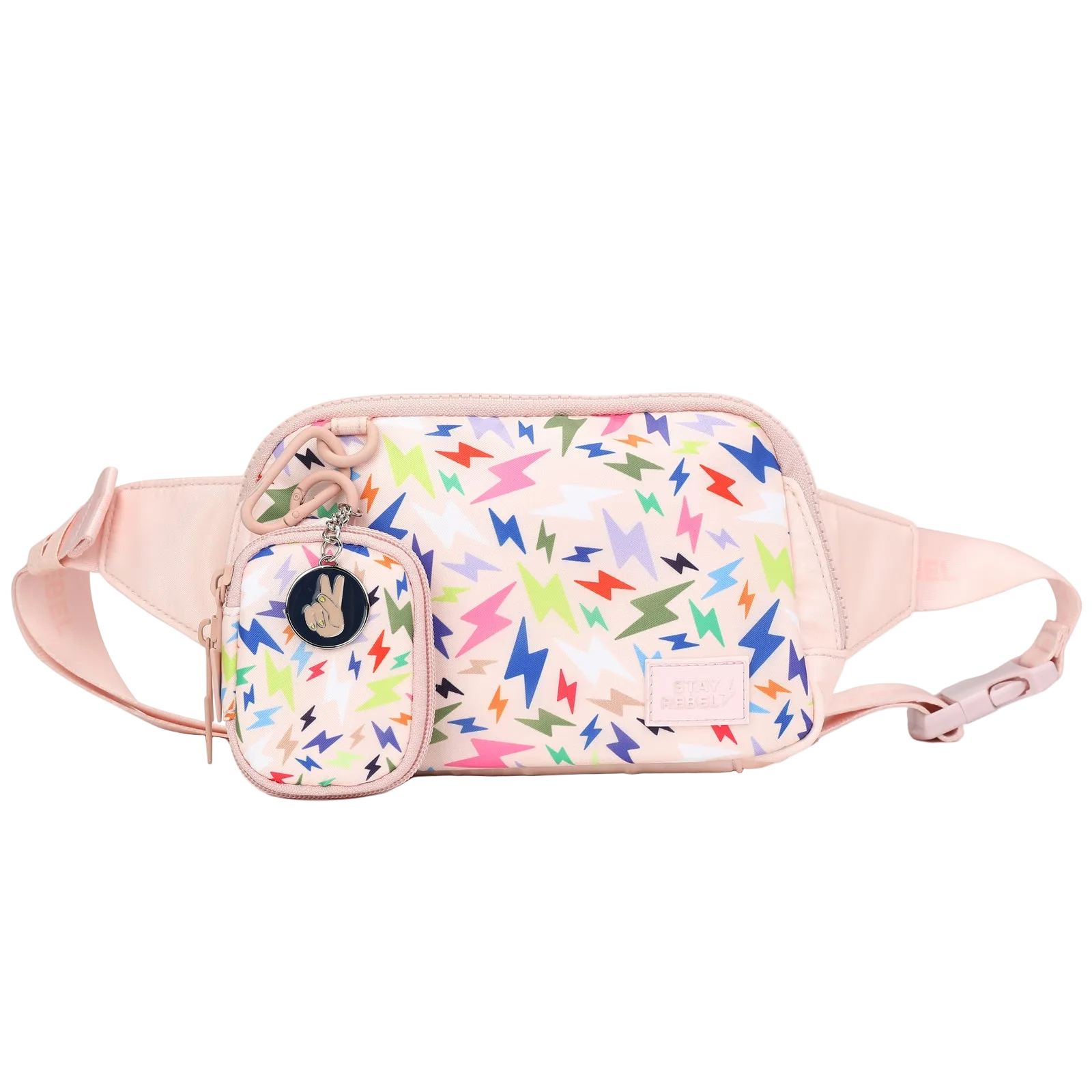 Multi-colored clip on bag with lightning bolt design and  peace charm