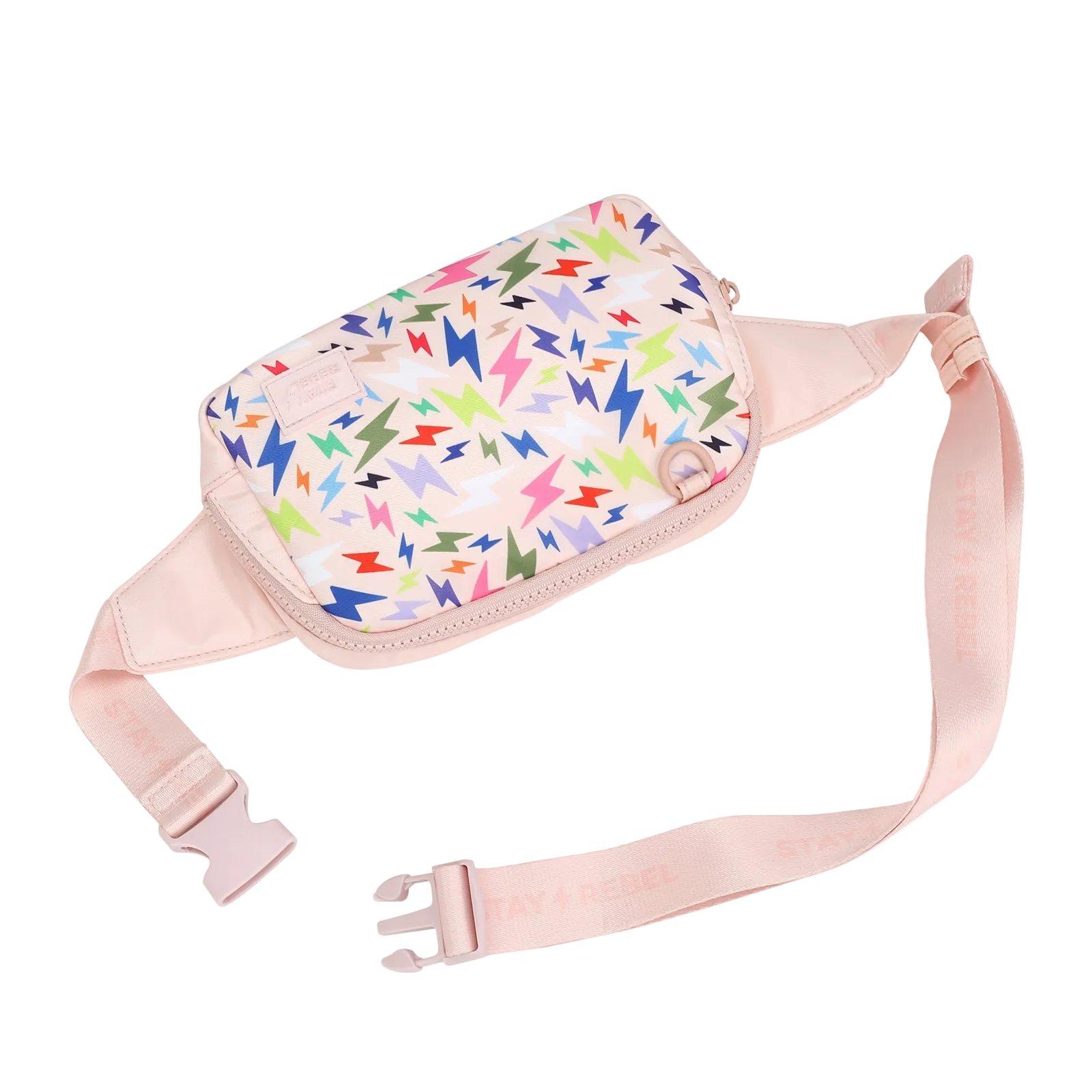 Pink belt bag with zipper and colorful lightning bolt pattern