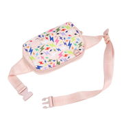 Pink belt bag with zipper and colorful lightning bolt pattern