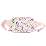 Pink belt bag with zipper and colorful lightning bolt pattern