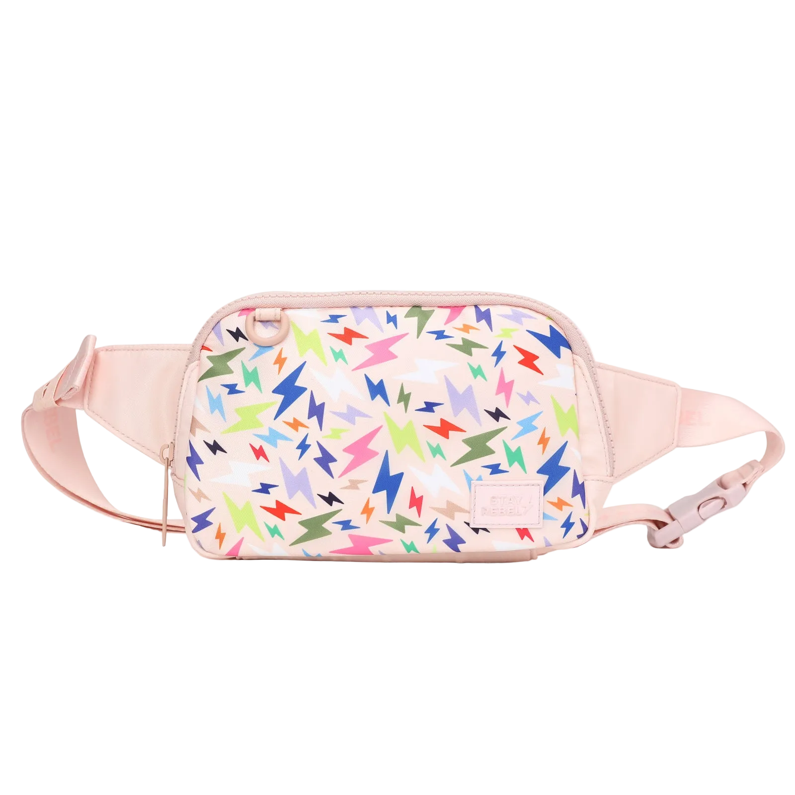 Pink belt bag with zipper and colorful lightning bolt pattern
