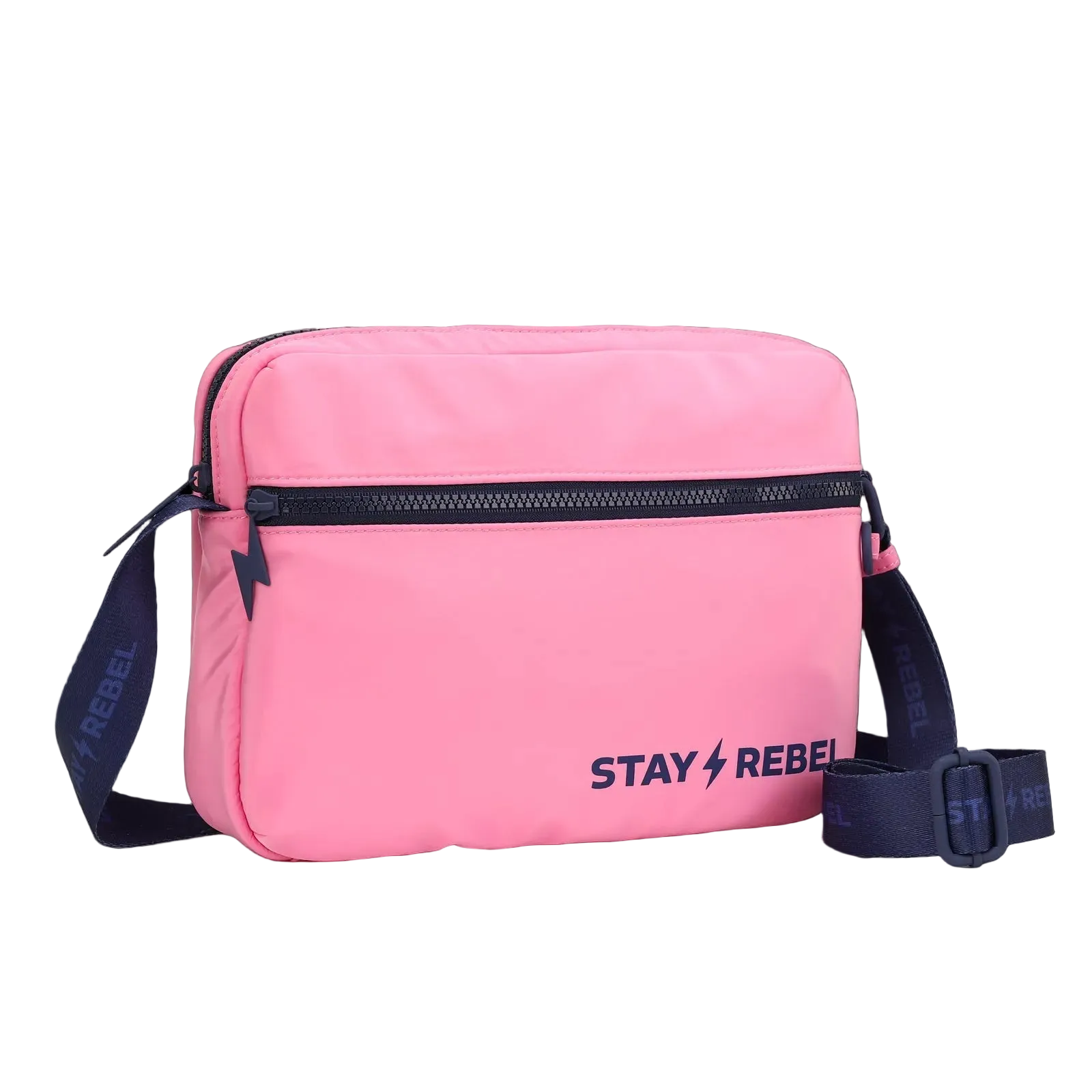 Pink bag with zipper pockets and "Stay Rebel" text