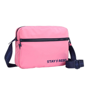 Pink bag with zipper pockets and "Stay Rebel" text