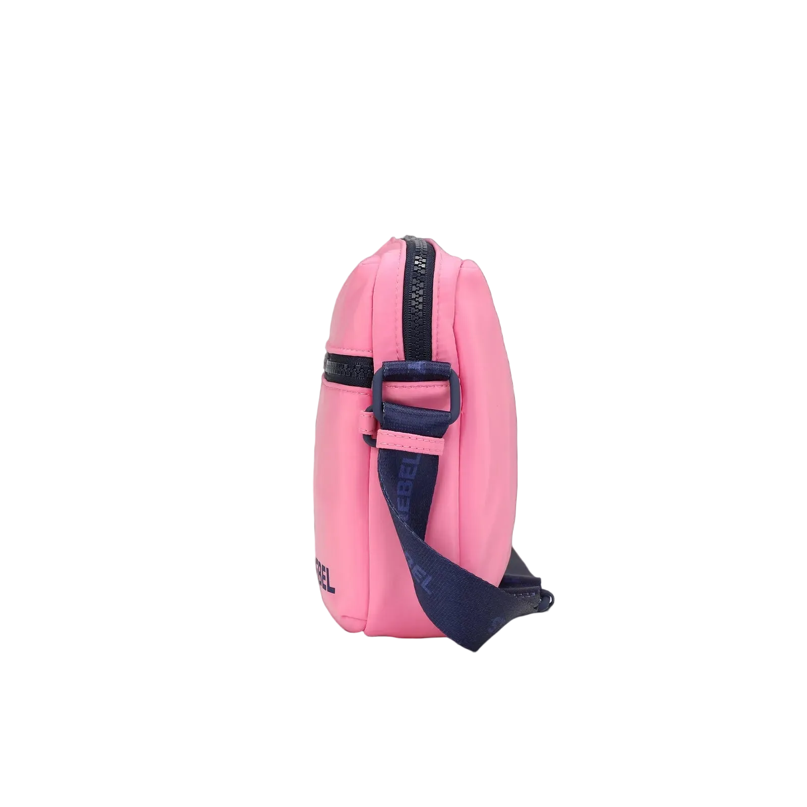Pink bag with zipper pockets and "Stay Rebel" text