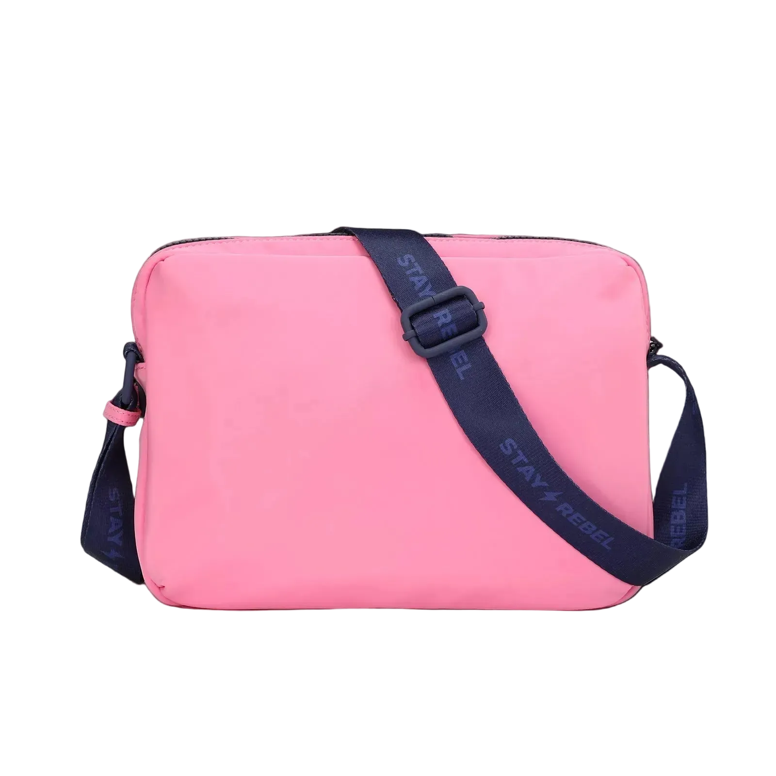 Pink bag with zipper pockets and "Stay Rebel" text