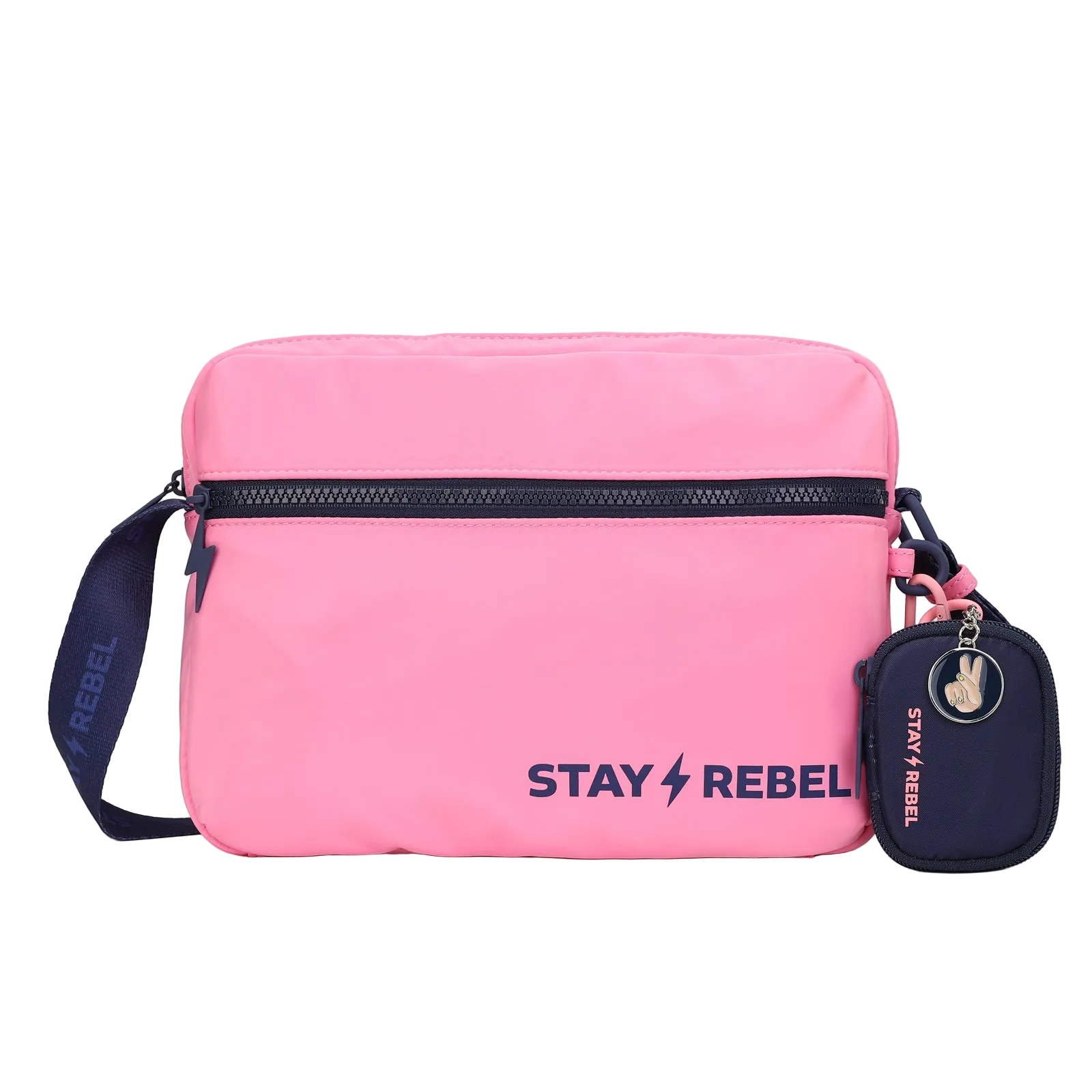 Navy and pink clip on bag and peace charm