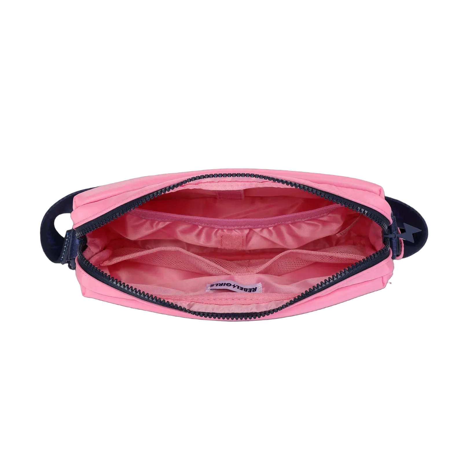 Pink bag with zipper pockets and "Stay Rebel" text and inner pockets