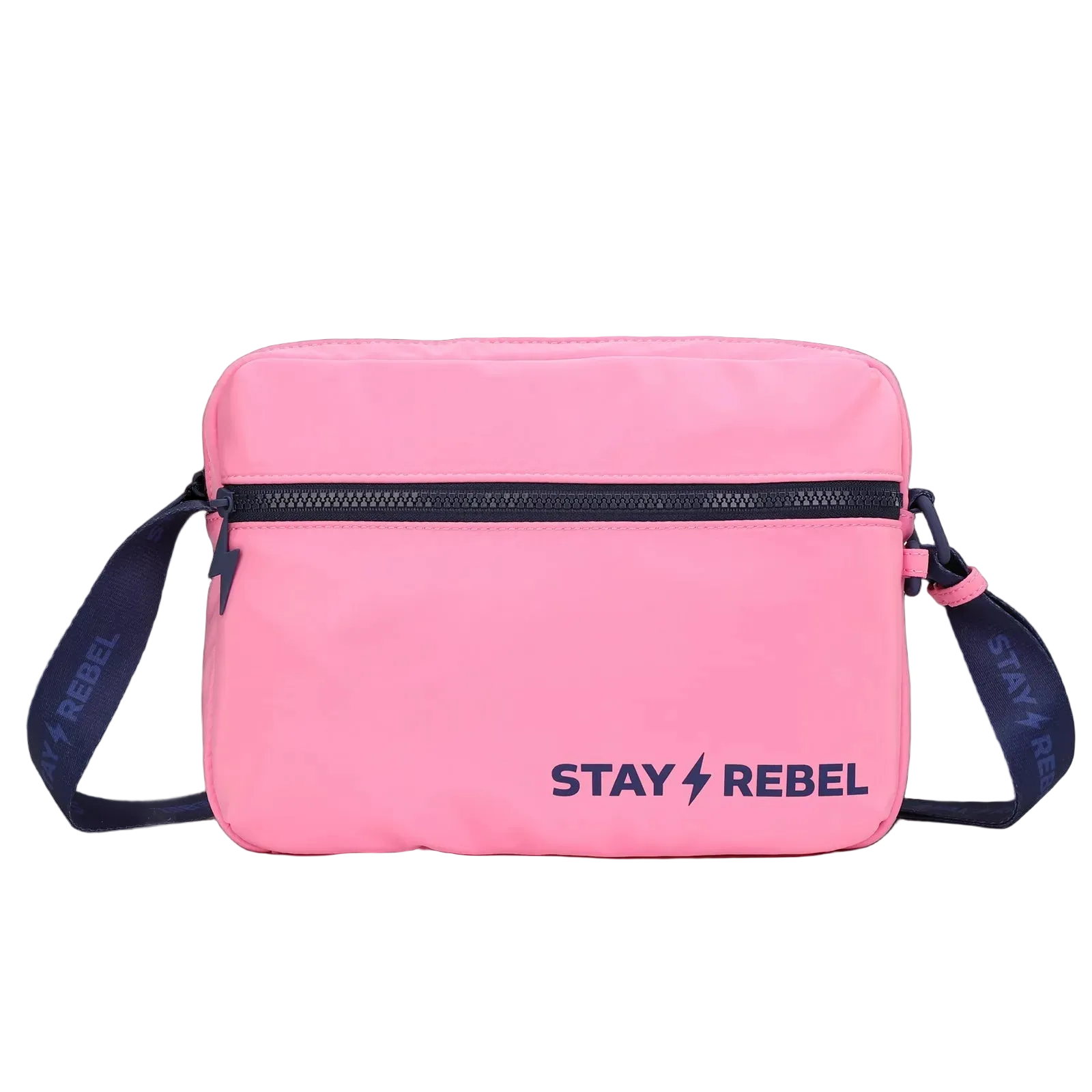 Pink bag with zipper pockets and "Stay Rebel" text