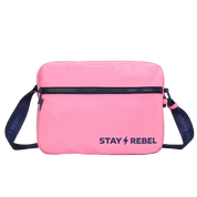 Pink bag with zipper pockets and "Stay Rebel" text