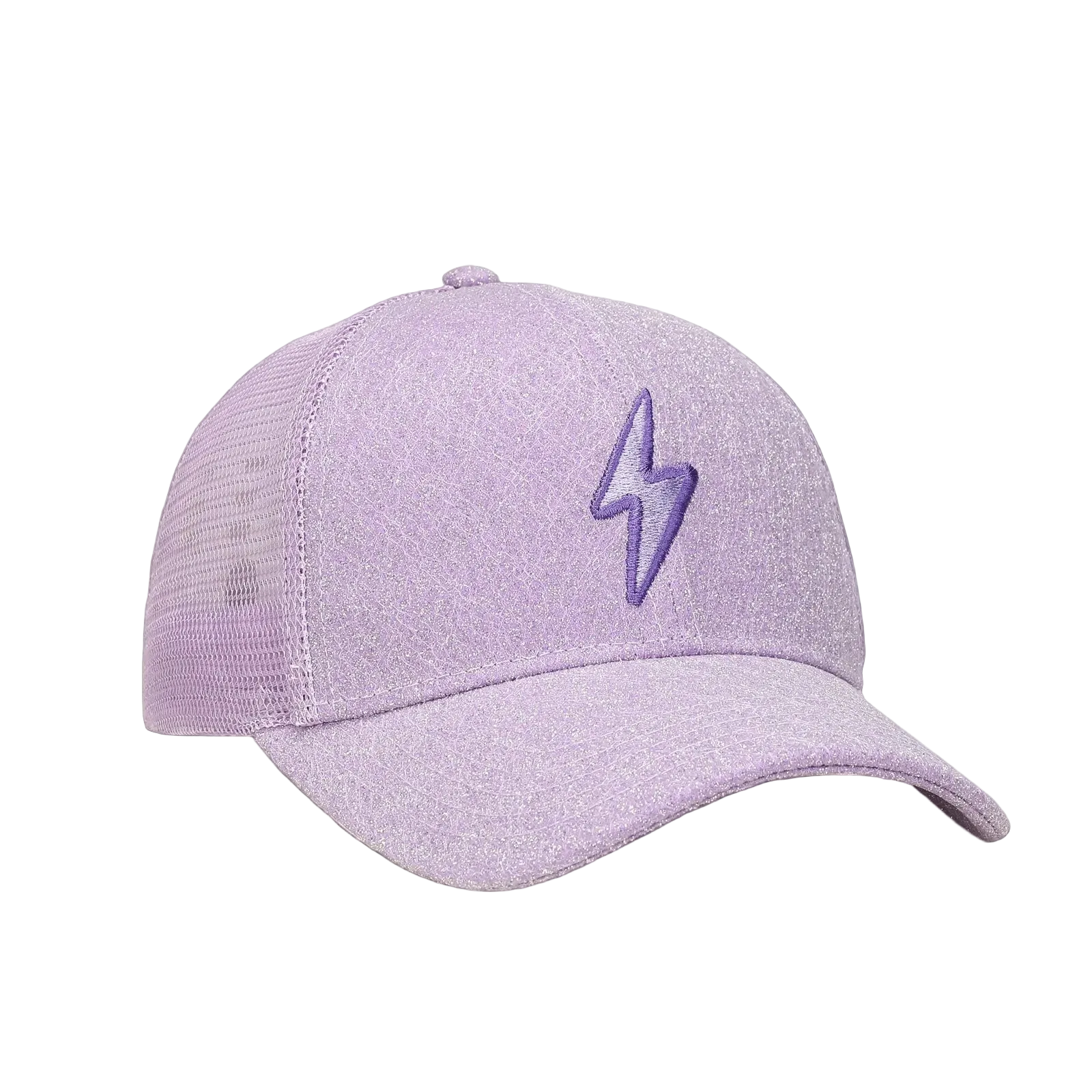 Purple hat with lighting bolt symbol and mesh back.