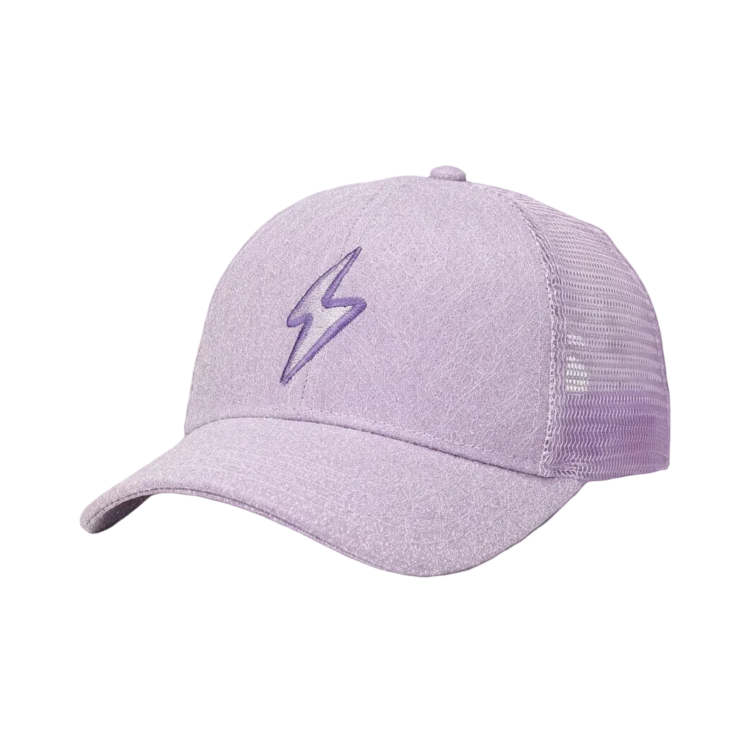 Purple hat with lighting bolt symbol and mesh back.