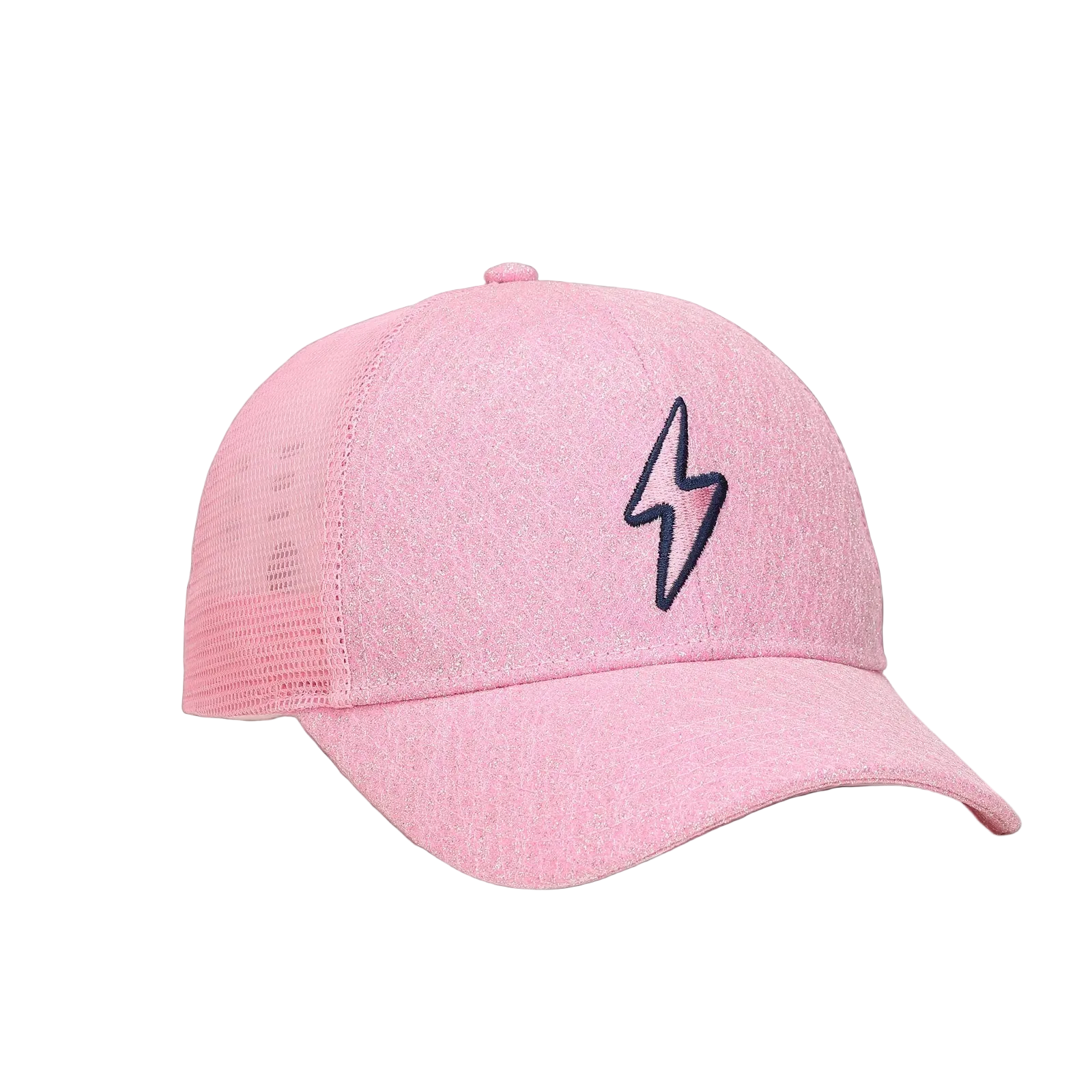 Pink hat with lighting bolt symbol and mesh back.