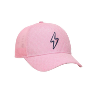 Pink hat with lighting bolt symbol and mesh back.