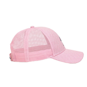 Pink hat with lighting bolt symbol and mesh back.