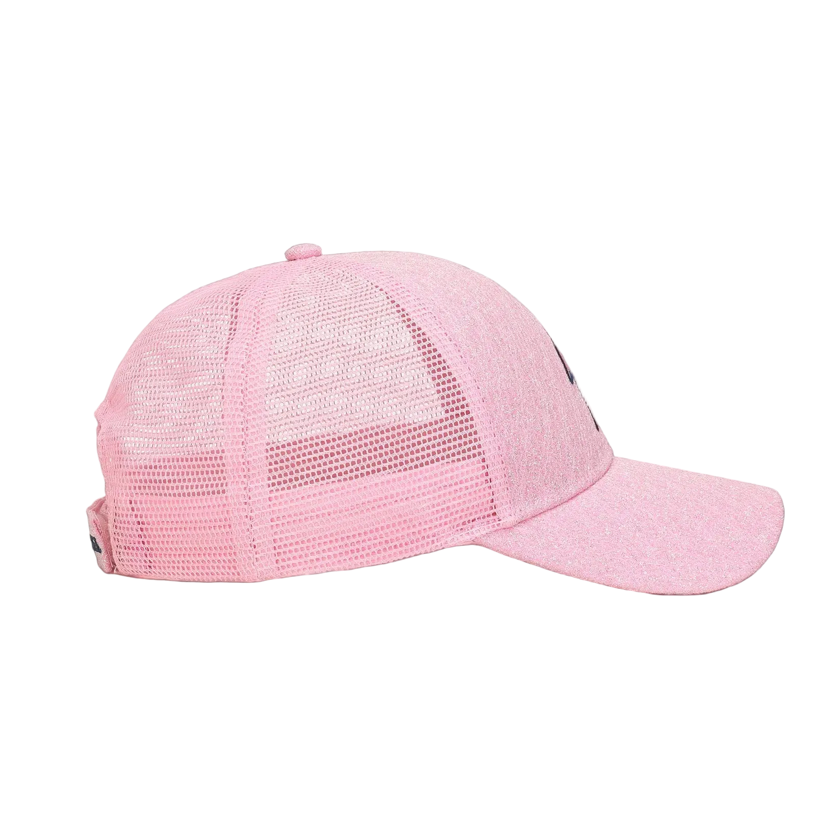 Pink hat with lighting bolt symbol and mesh back.