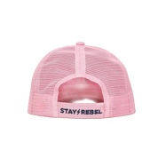 Pink hat with lighting bolt symbol and mesh back.