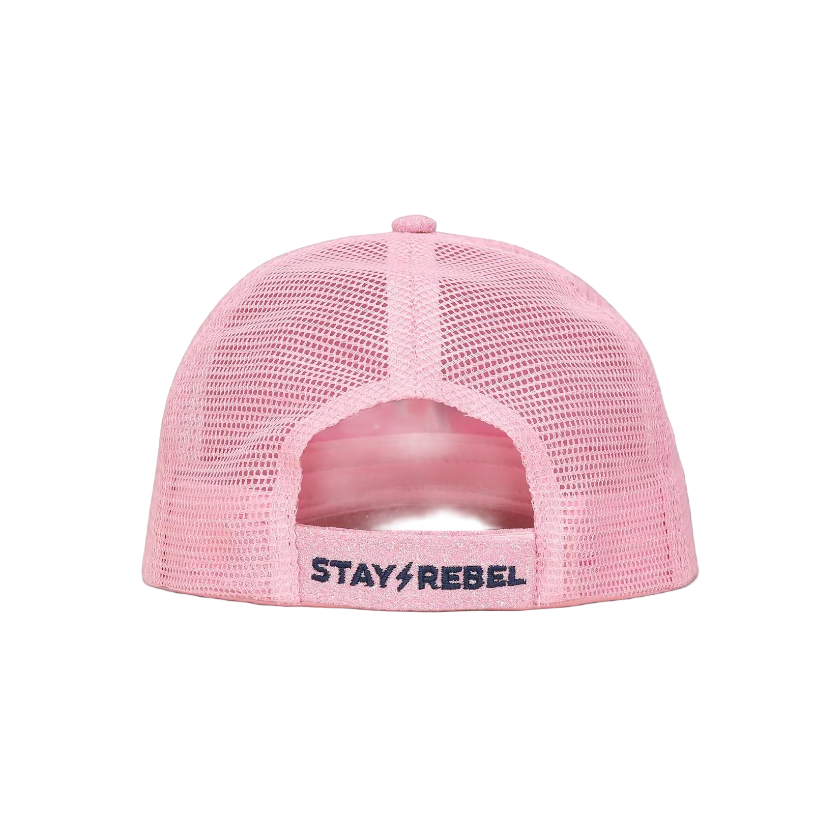 Pink hat with lighting bolt symbol and mesh back.