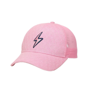 Pink hat with lighting bolt symbol and mesh back.