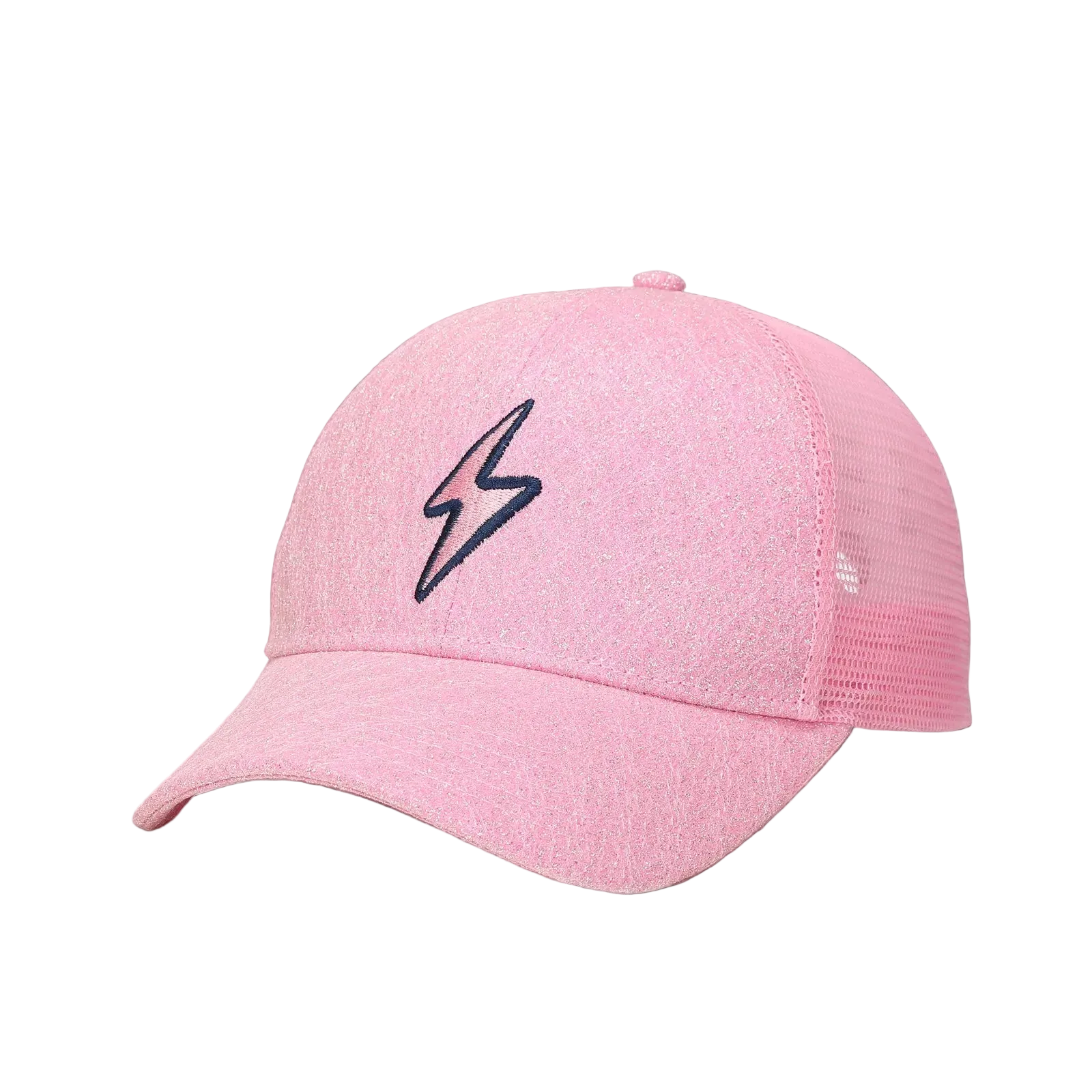 Pink hat with lighting bolt symbol and mesh back.